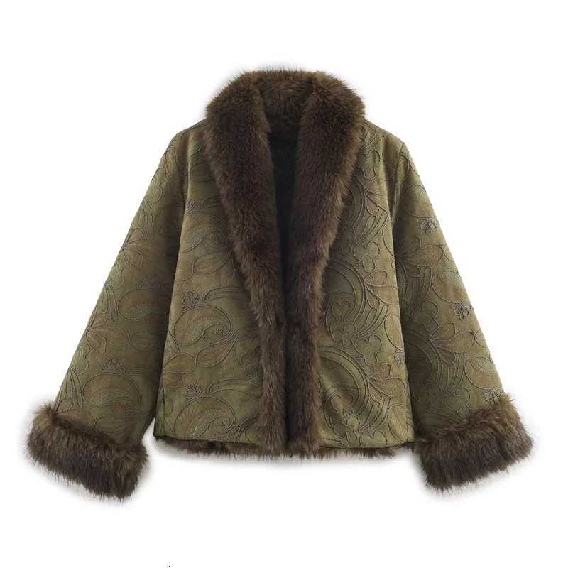 Womens Jacket New Embroidered Reversible Faux Fur Effect Short Coat Autumn and Winter Fashion Casual Open Front coatT251201