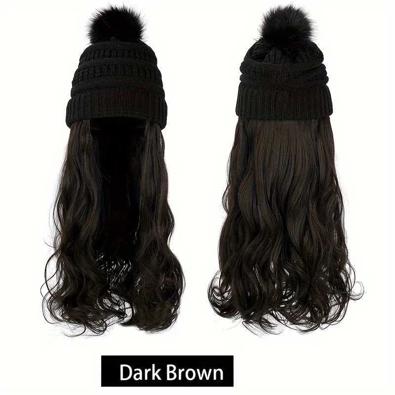 20inch Long Water Wavy Synthetic Hairpiece Beanie Hat - Woven Wigs with Knit Pom Cap and Warm Winter Design - Soft Detachable S251129 - view 6