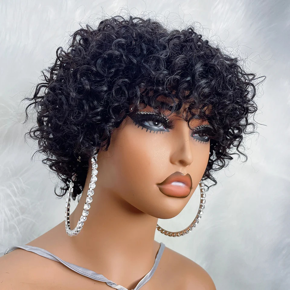 Pixie Cut Human Hair Wigs For Black Women Afro Rose Curly Funmi Glueless Wigs with Bangs Short Bouncy Curly Bob Wig With Bangs 251201