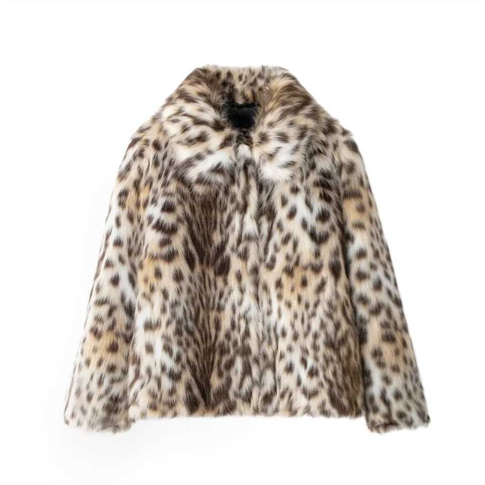 2024 Winter New Womens Clothing Style Simple and Premium Fur Effect Flip Collar Long Sleeve Leopard Pattern Hairy JacketT251201
