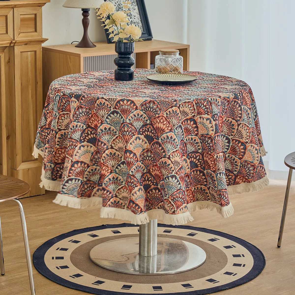 1pc Vintage Oil Painting Floral Round Tassel Jacquard Tablecloth with Tassel Edge Design Suitable for Side Cabinet Y251201