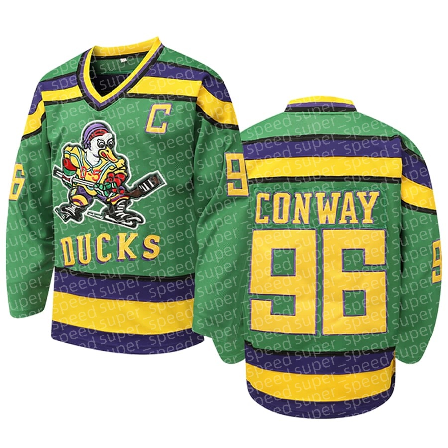 Men's ice hockey jersey V-neck green duck Conway 96, embroidered classic fashion fit casual holiday, polyester long sleeved shirt, suitable for o