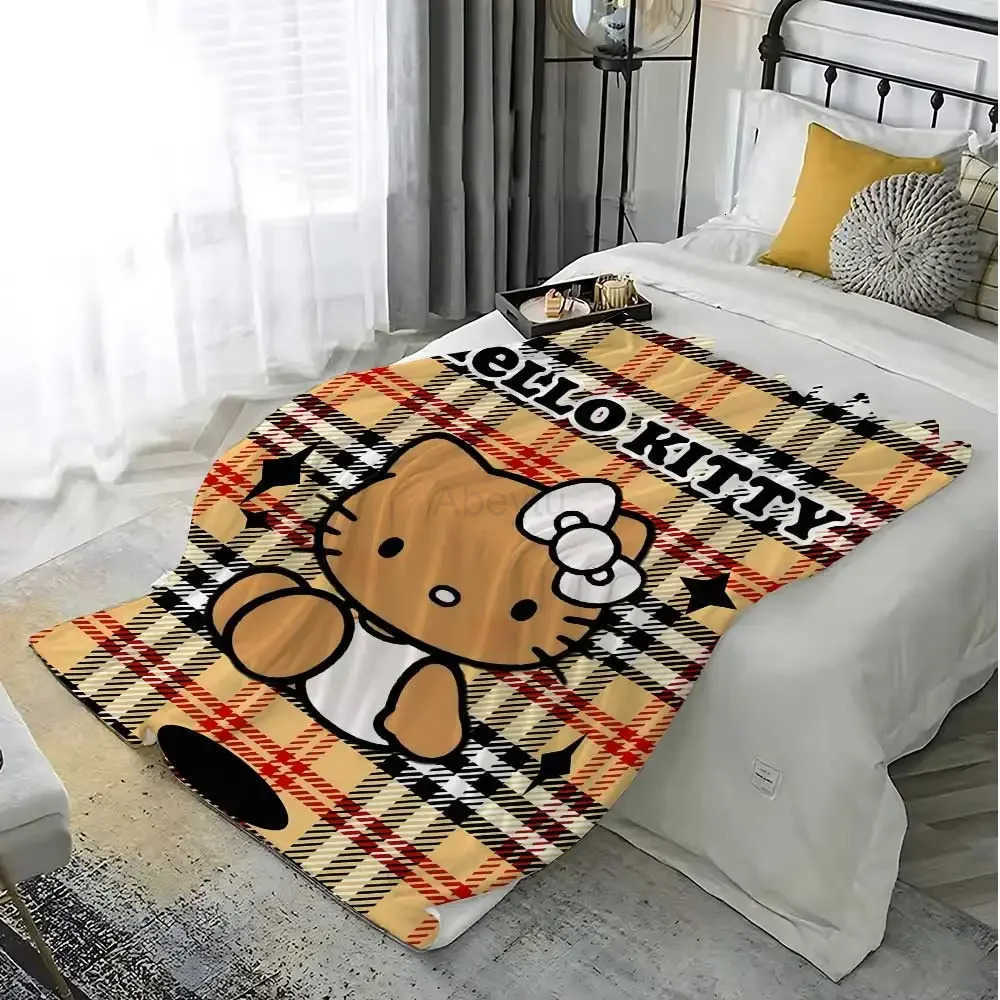 Sanrio Cute Throw Blanket for Sofa Luxury Blankets Kawaii Cat Hellos Checkered Pattern Home Interior Fluffy Plaid Microfiber Bedding H251201