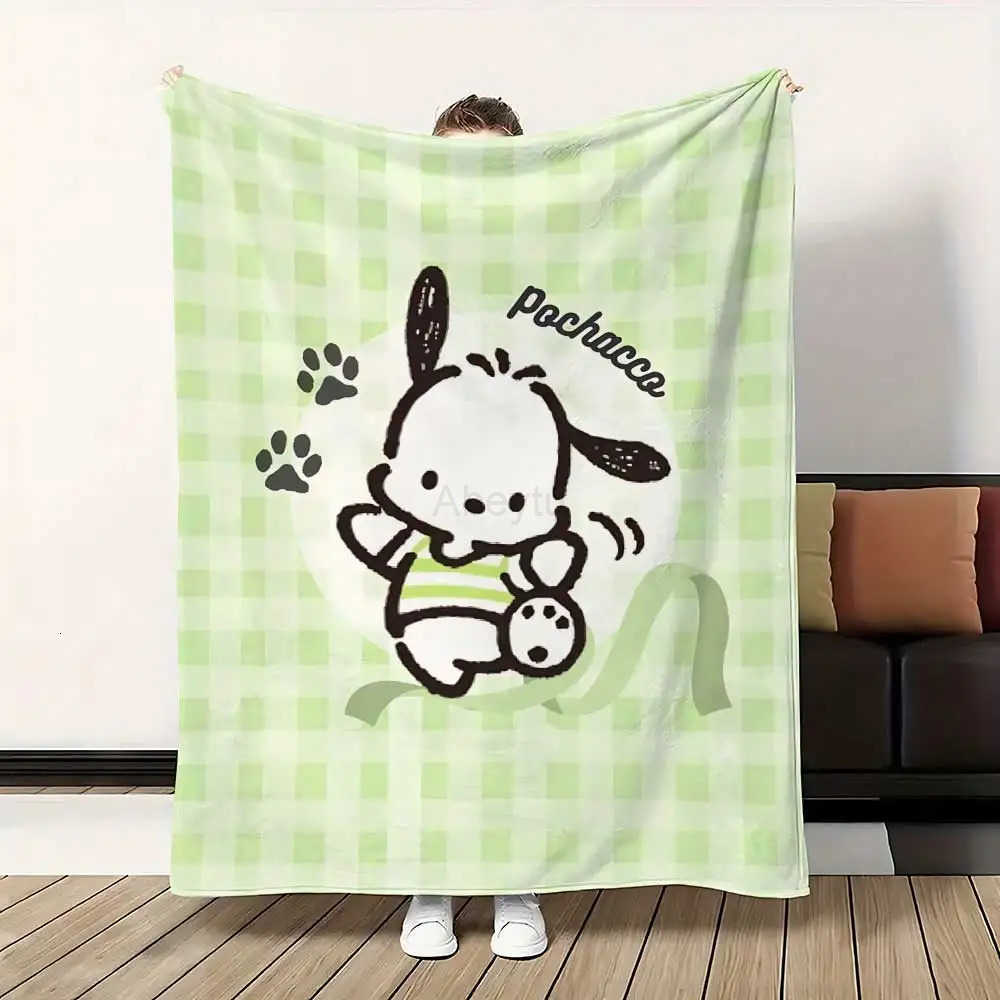 Sanrio Kawaii Green Pochacco Hairy Blankets for Bed Blanket 150cm X 200cm Home Interior Luxury Bedding Fluffy Plaid Sofa Throw Knee Nap H251201