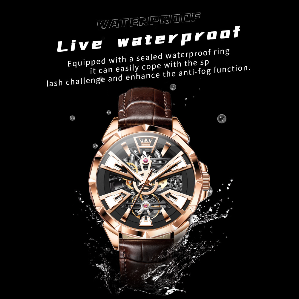 OLEVS Designer Luxury Men's New Business Watch Fashion Leather Strap Hollow Out Mechanical Luminous Waterproof Outdoor Sports Watch Free Shipping