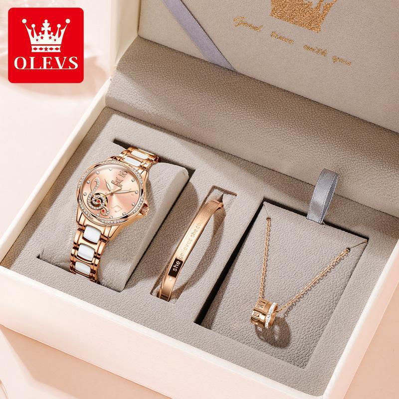 OLEVS Designer Luxury Women's Business Watch Fashion Inlaid Diamond Dial Waterproof Fully Automatic Mechanical Watch Festival Watch Gift Box Free