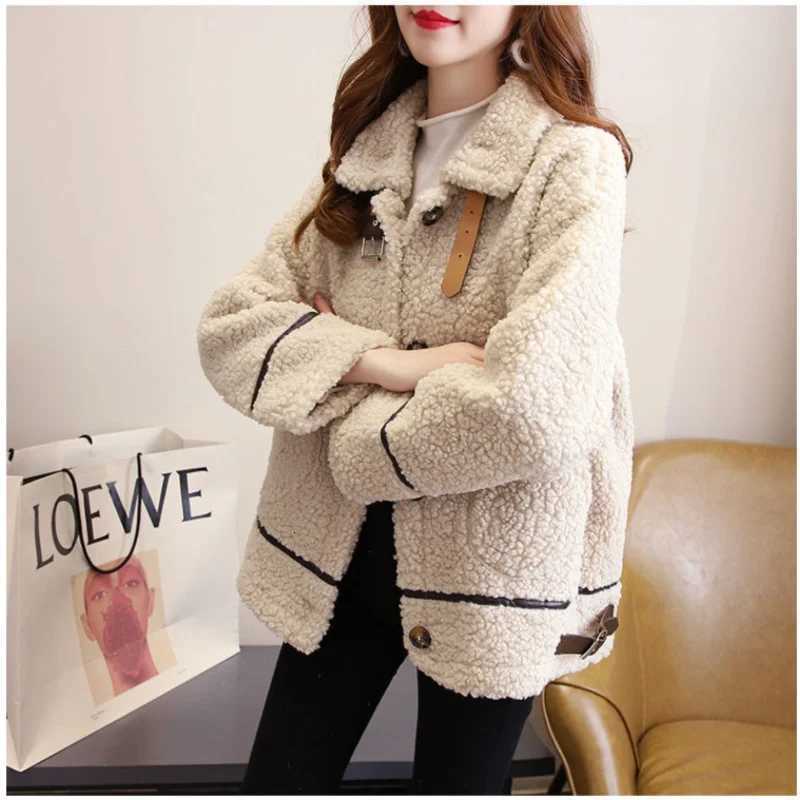 Women Autumn Winter Lamb Wool Faux Fur Thick Plush Warm Cardigan Coat Female Oversized Long Sleeve Turn-down Collar OuterwearT251201