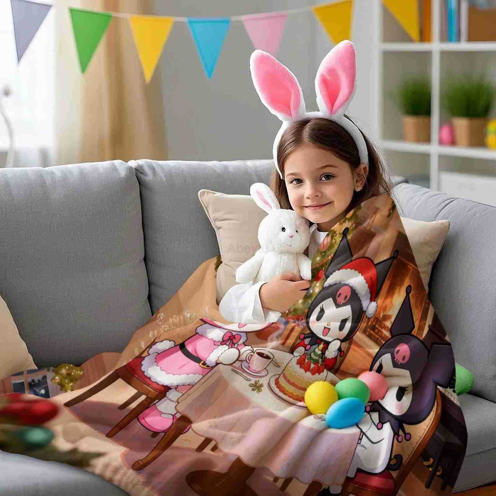 Sanrio Kawaii Kuromi My Melody Christmas Printed Blanket Cartoon Flannel Blanket for Bed Living Room Bedroom Home Travel Picnic H251201