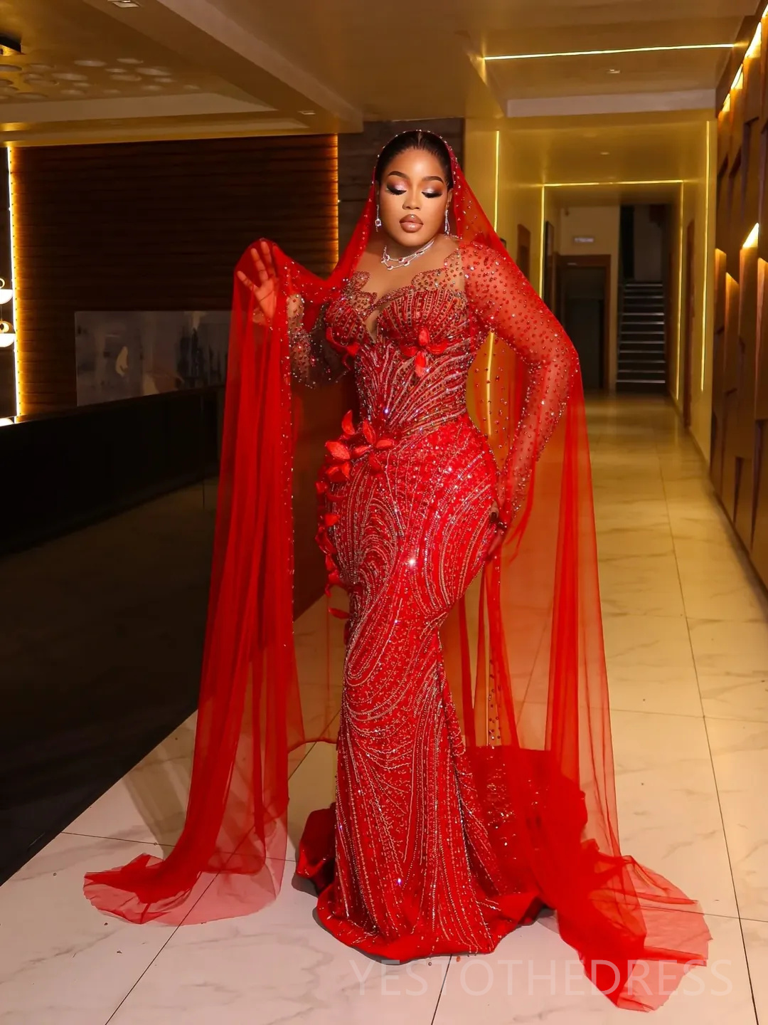 Plus Size Red 2026 Prom Dress Mermaid Evening Dresses For Black Women Beaded Lace Crystals Flora Illusion Long Sleeves Birthday Dress Second Reception