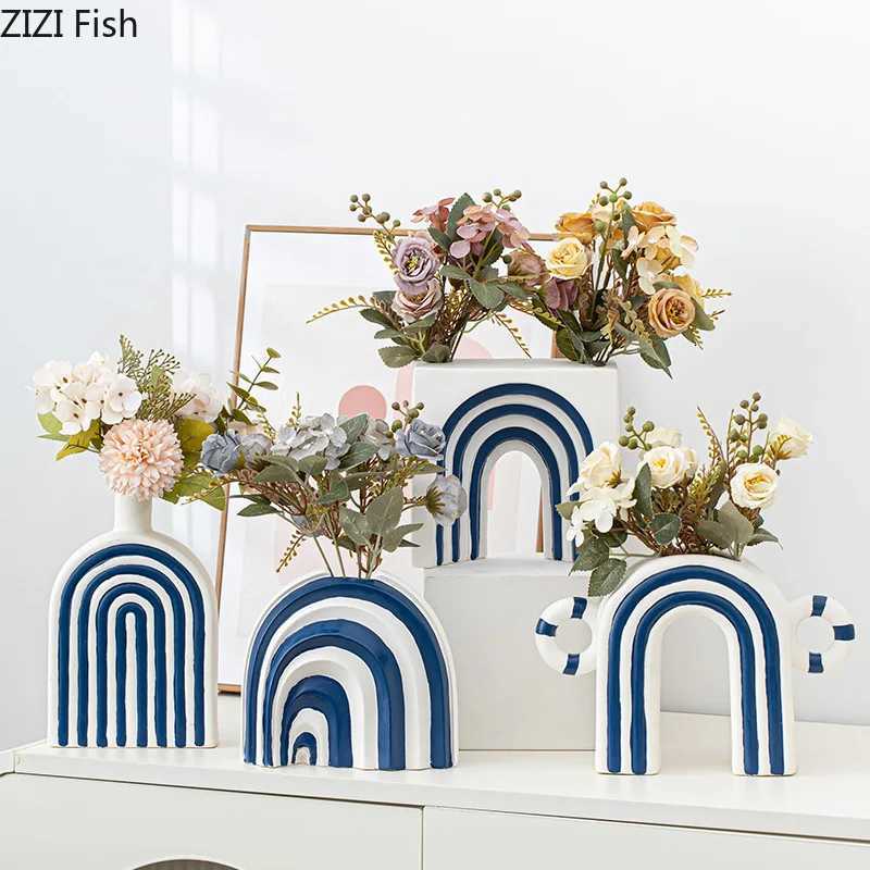 Blue and White Stripes Ceramic Vase Desk Decoration Artificial Flower Decorative Flower Arrangement Vases Ro Aesthetic Decor Y251201