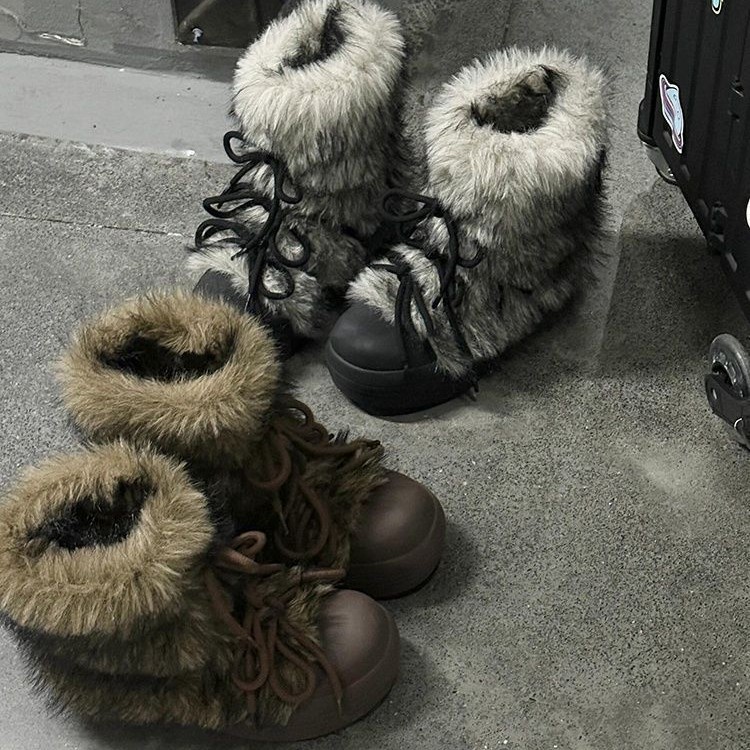 French style thick soled high boots for women new autumn and winter style lined with fleece for warmth mid-calf boots retro fur boots Doc Martens styl