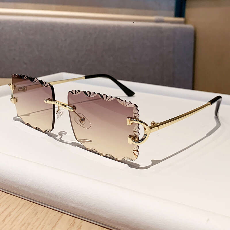 Designer Cross-Border New Sunglasses Metal Frame Tooth Pattern Lens Square Rimless Unisex Big Brand Flat Glasses