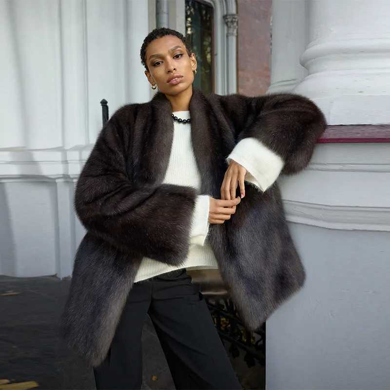 Luxury Thicken Faux Fur Coat Women Winter Lapel Long Sleeve Jacket Vintage Waistband Loose Outwear 2025 New Warm Soft Lady CoatsT251201