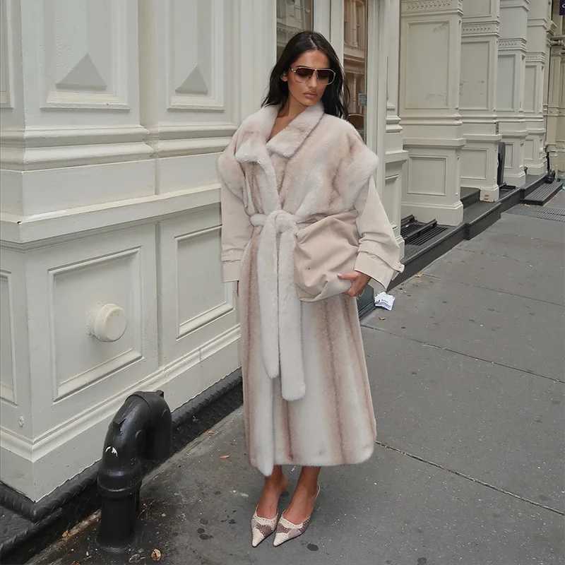 Thicken Womens Winter Coat Luxury Faux Fur Long Jacket with Belt Lapel Short Sleeve Loose Outwear 2025 New Warm Lady CoatsT251201