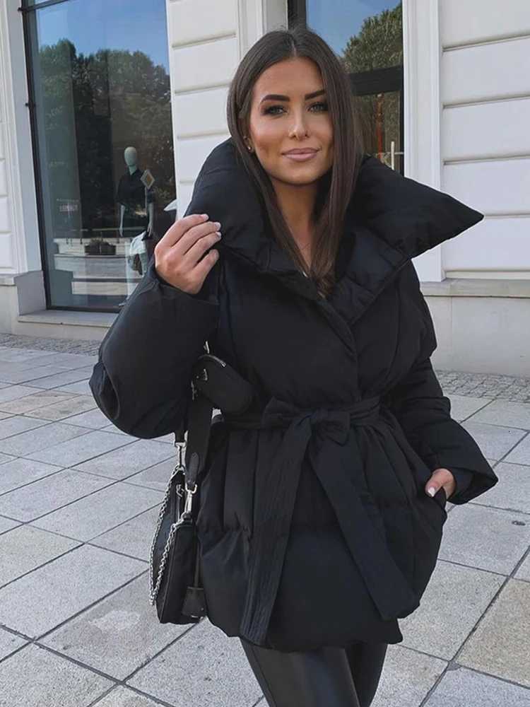 Solid Color Lapel Tied Cotton Coat Women Fashionable Long Sleeved Waist Cinched Warm Jacket Lady Casual Commute Winter OutwearT251201