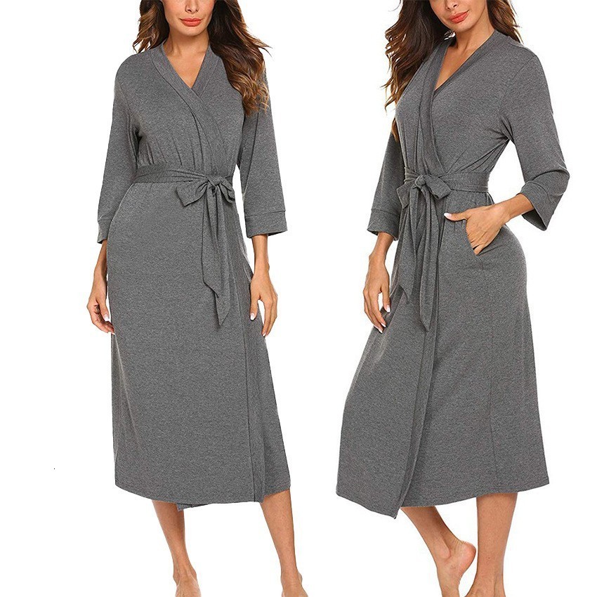 2025 Elegant V-neck Tie Three-quarter Sleeve Solid Color Long Home Sleep Robe 240823