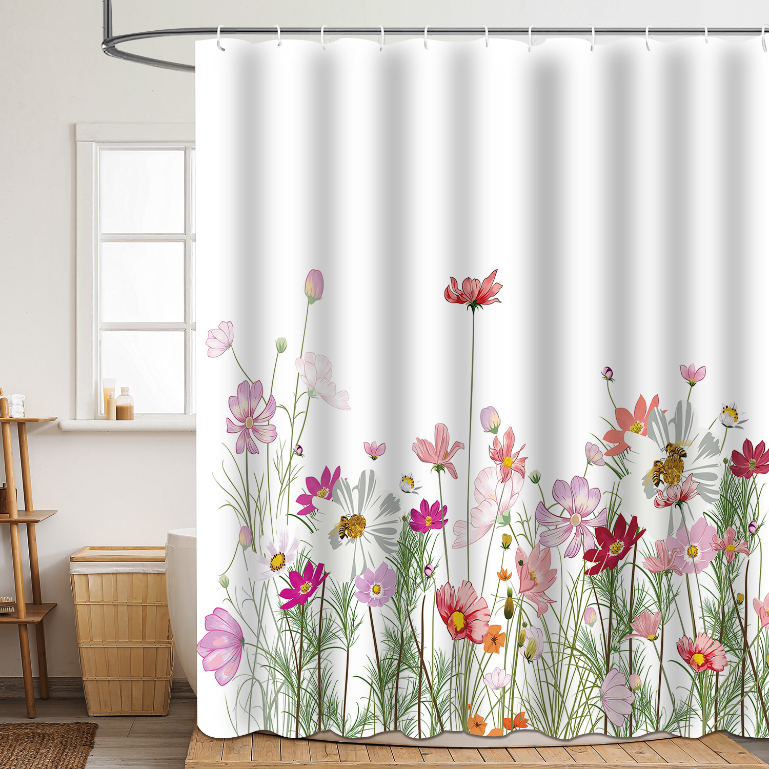 YL-37851 Shower Curtain with Digital Printed Floral Design, Polyester, Waterproof and Mildew-Resistant Shower Bathroom Partition Curtain