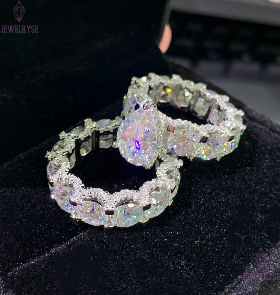 Cadermay luxury 5ct pear cut D VVS moissanite ring with 6mm round moissanite diamond eternity band moissanite ring set for women