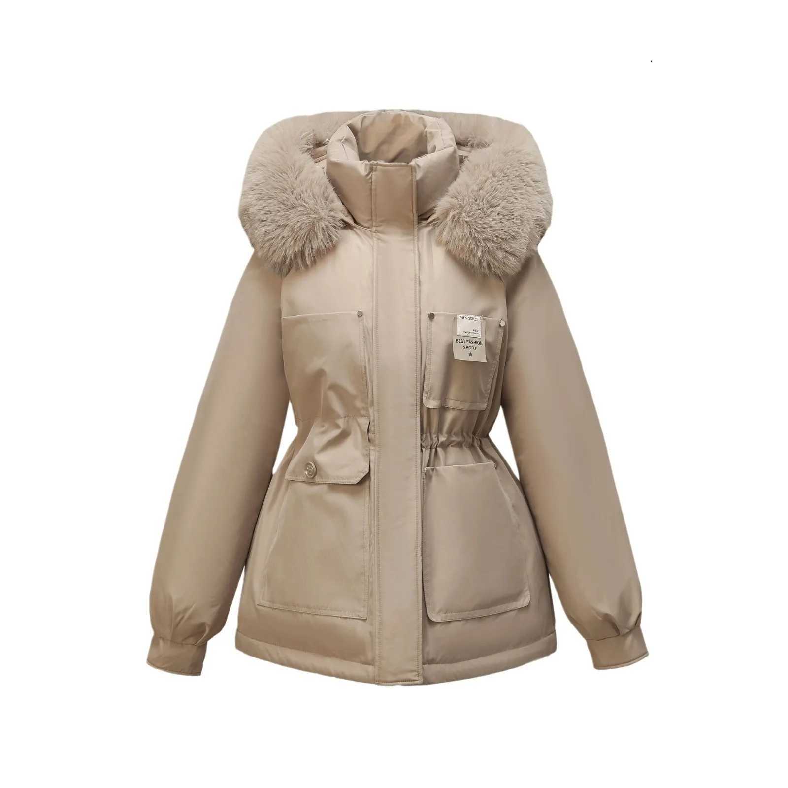 2025 Winter Womens Padded Jacket Female Waist Cinching Slimming Hooded Big Fur Collar With Plush Cotton Jacket Womens ClothingT251201