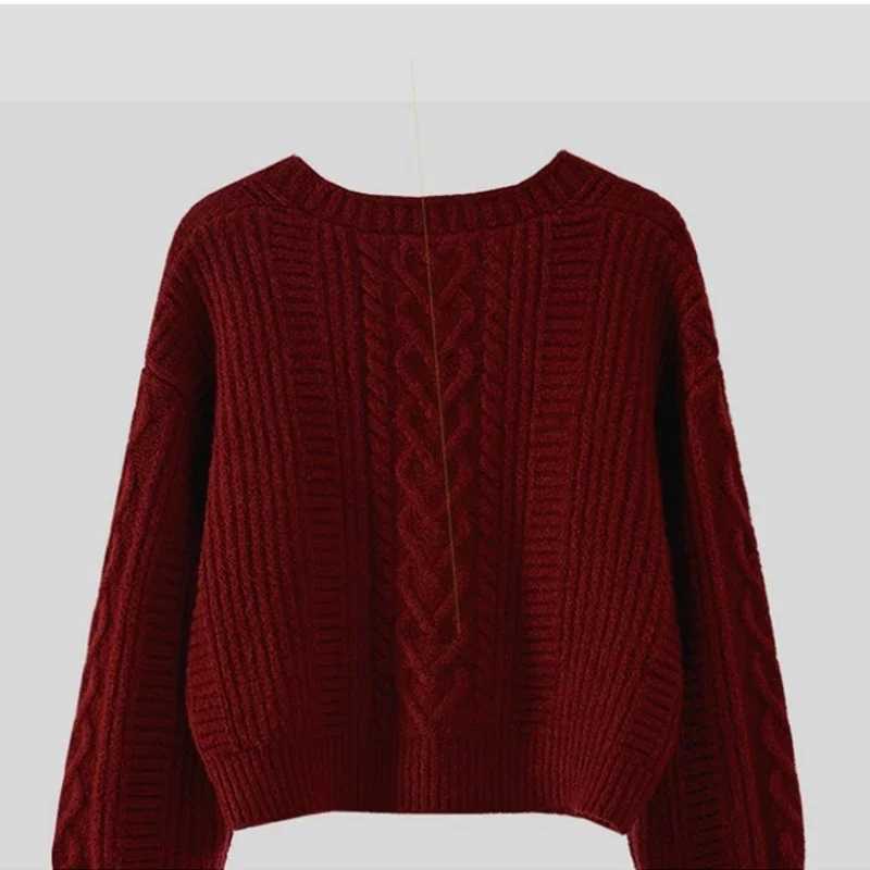 New Simple Elegant Office Coat V Neck Twist Cardigan Short Sweater Loose Women Korean Style Retro Jackets Autumn Winter Clothing M260306