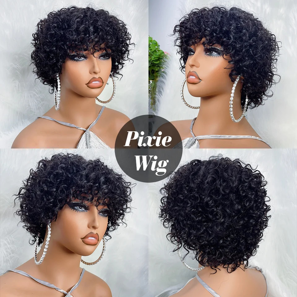 Pixie Cut Human Hair Wigs For Black Women Afro Rose Curly Funmi Glueless Wigs with Bangs Short Bouncy Curly Bob Wig With Bangs 251201
