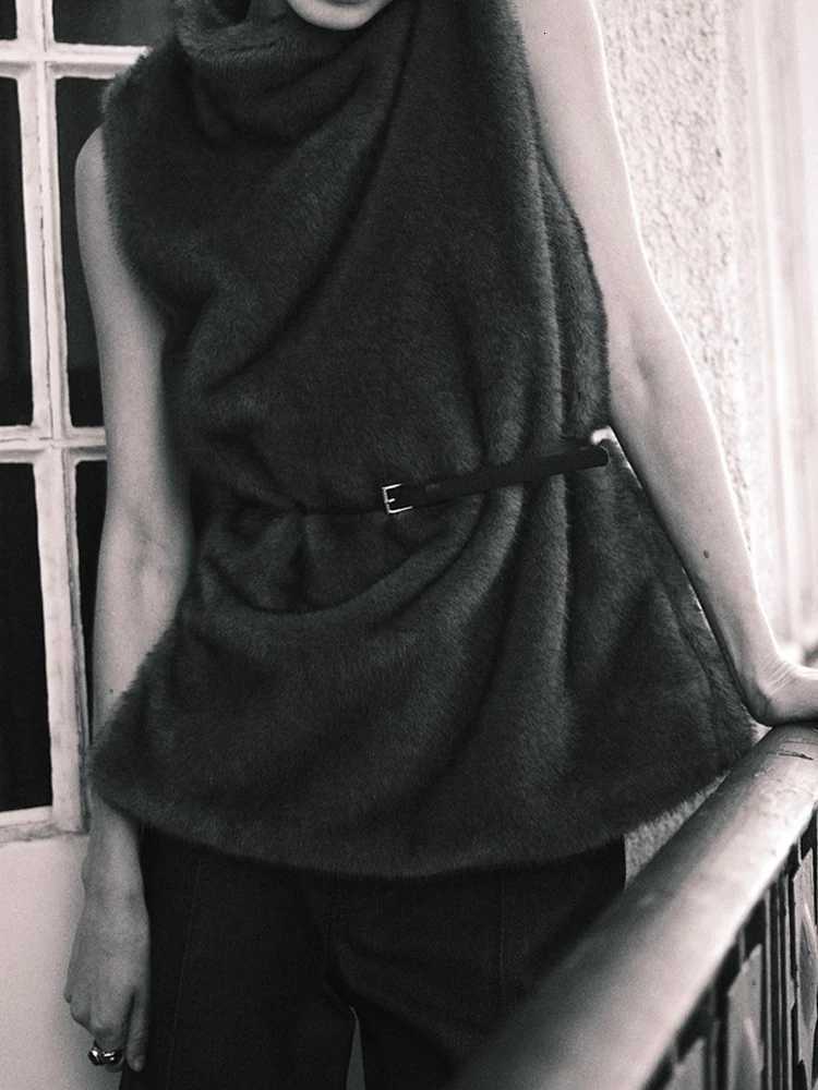 European and American style autumn new womens casual temperament simple artificial fur effect sleeveless with belt jacketT251201