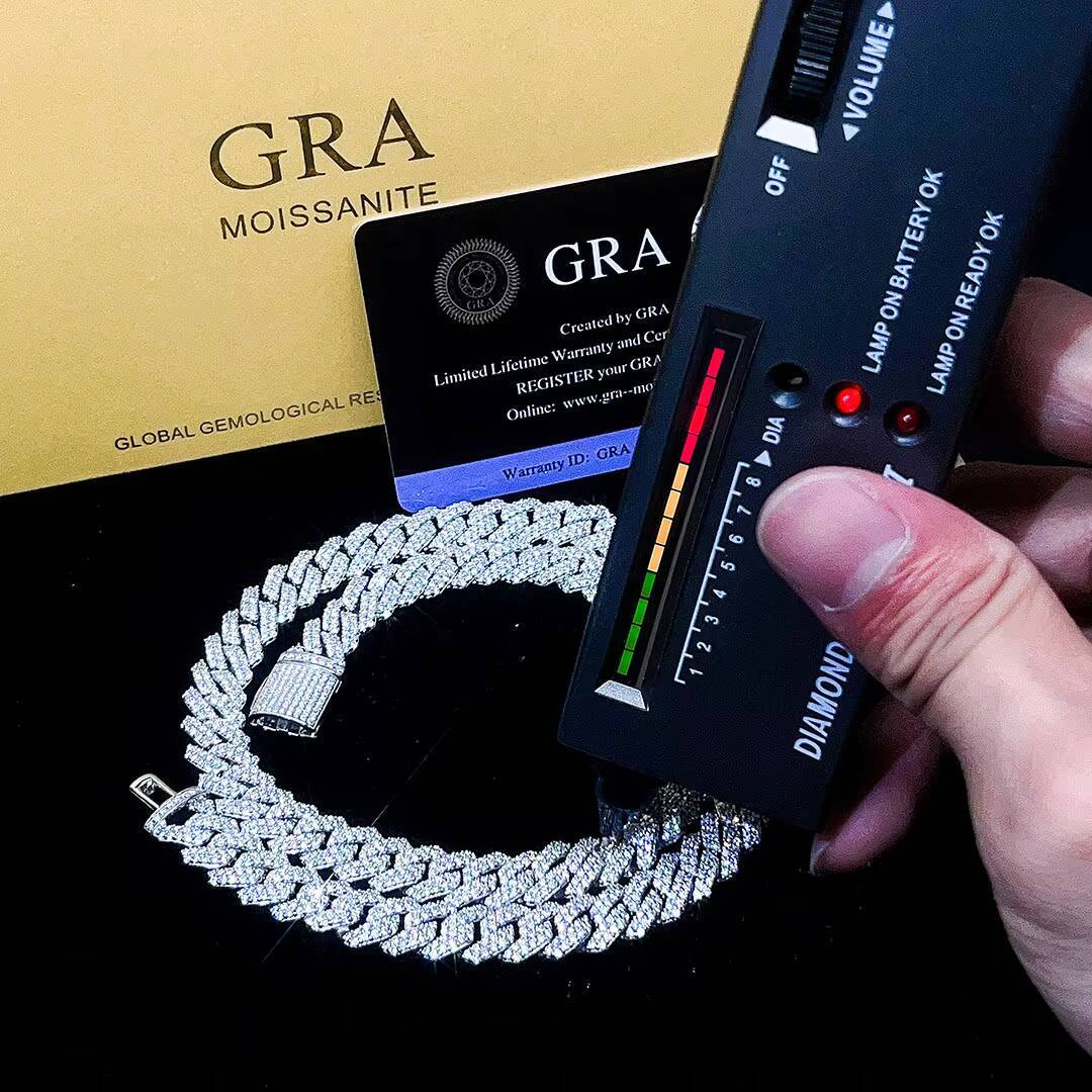 Women Cuban Link Chain Vvs Moissanite Pass Diamond Tester 10mm 18inch GRA Certificate Moissanite Cuban Chain S925 Gold Plated