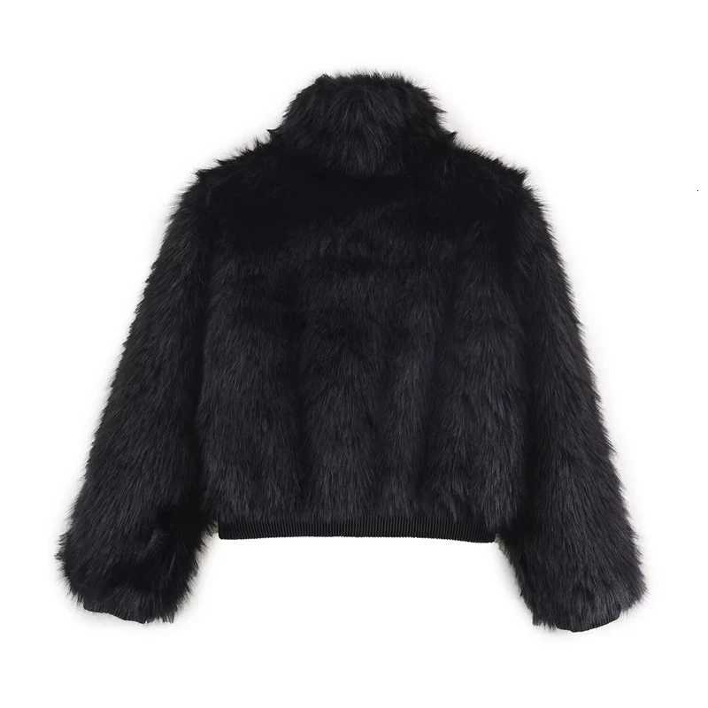 Black Faux Fur Bomber Jacket for Women - High Collar Zipper Closure Soft Fluffy Texture Stylish Cold-Weather CoatT251201