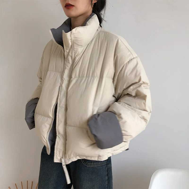 Womens Autumn Winter Short Puffer Jacket Korean Style Solid Color Stand Collar Bread Coat Female Cotton Down Outerwear ParkasT251201