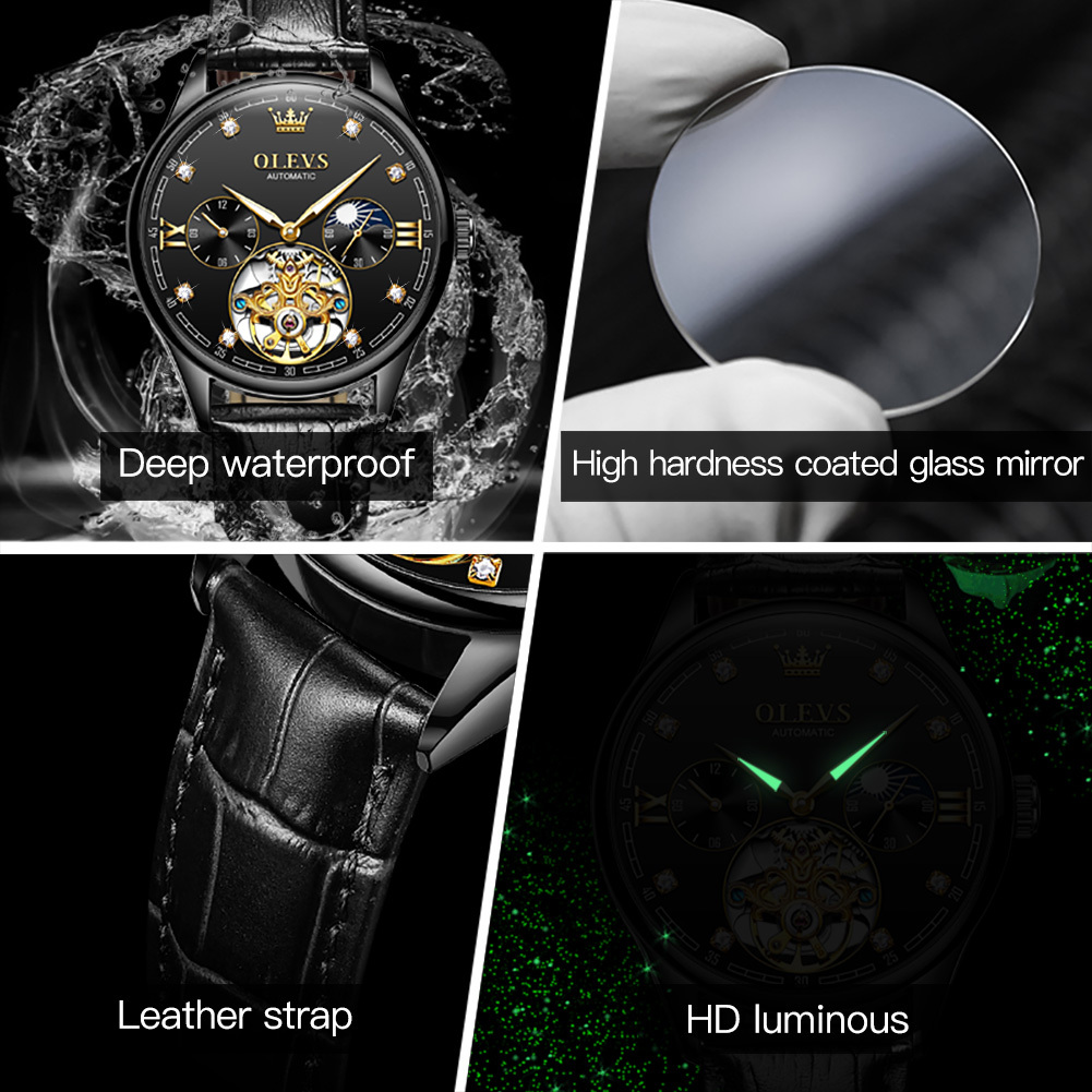 OLEVS Designer Luxury Men's Waterproof Watch Versatile Exquisite Leather Strap Mechanical Watch Men's Multi Code Table Business Watch Free S