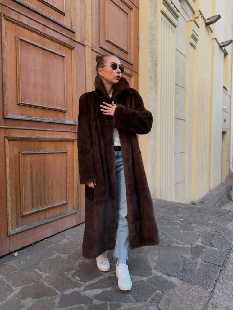 BJTZ 2025 New Womens Faux Fur Coat Midi Length Winter Jacket Warm Thick Plush Outerwear Elegant Luxury For Autumn WinterT251201