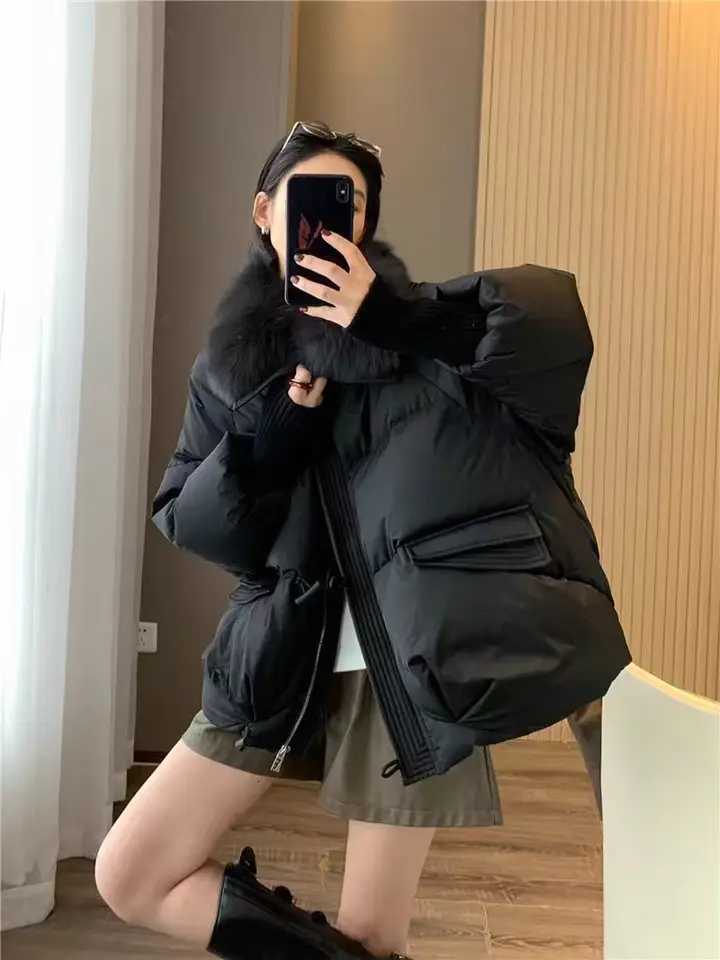 Winter New Fur Collar Puffer Down Parka Loose Down Warmer Thicken Snow Jacket Pocket Zipper Faux Fur Outerwear FemaleT251201