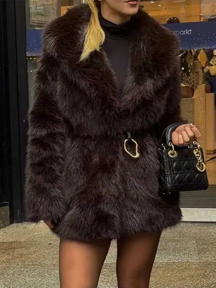 TFMLN Women Winter Luxury Faux Fur Coats With Belt Vintage Lapel Long Sleeves Loose Jacket Fashion Thicken Warm Lady OutwearsT251201