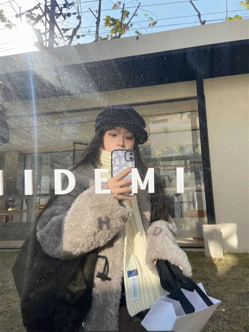 New Fur Coat Mid To Long Winter Stand Up Collar With Cow Horn Cotton Thick An Warm Loose Fitting Imitation Rabbit Fur Coat TopT251201