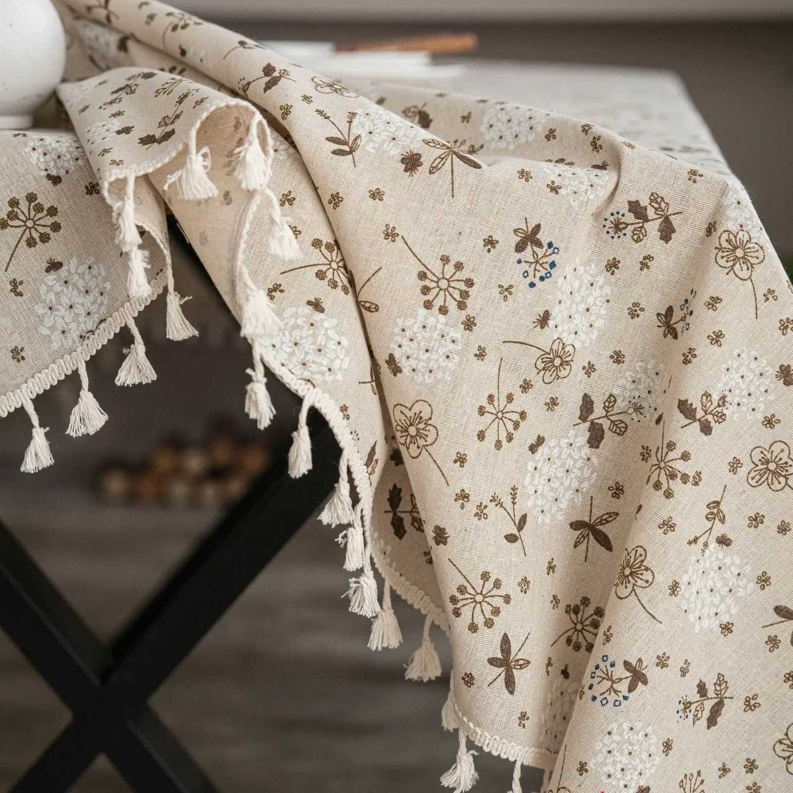 Vintage Cotton Linen Tablecloth Floral Pattern Table Cloth with Tassel Washable Table Cover for DinningPicnicTabletop Decor Y251201