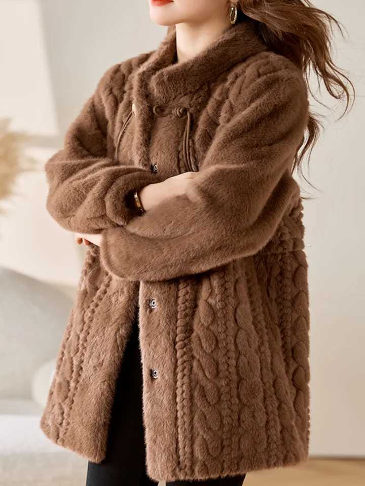 Womens Winter Small Stand Collar Waist Warm Imitation Fur JacketT251201