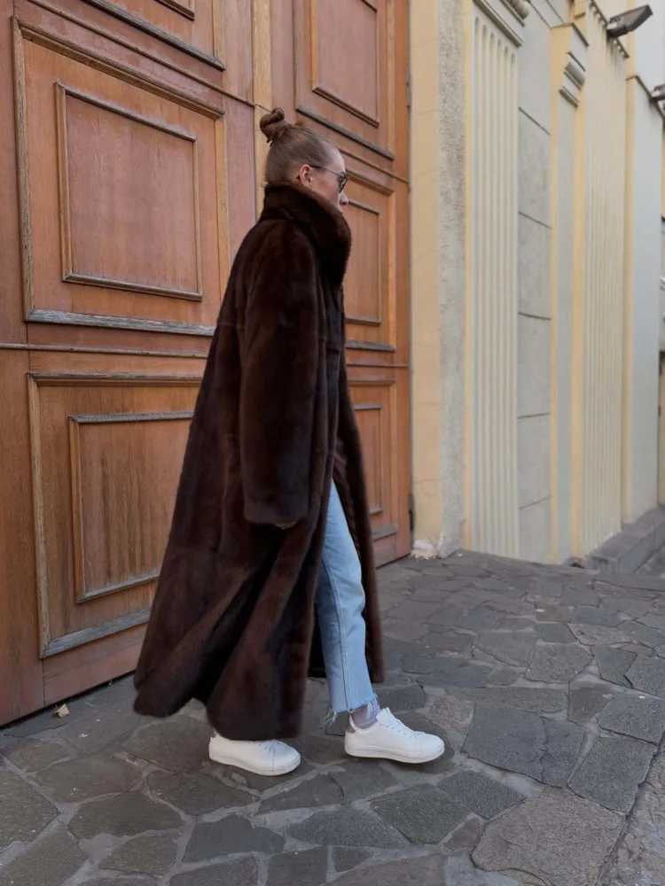 BJTZ 2025 New Womens Faux Fur Coat Midi Length Winter Jacket Warm Thick Plush Outerwear Elegant Luxury For Autumn WinterT251201