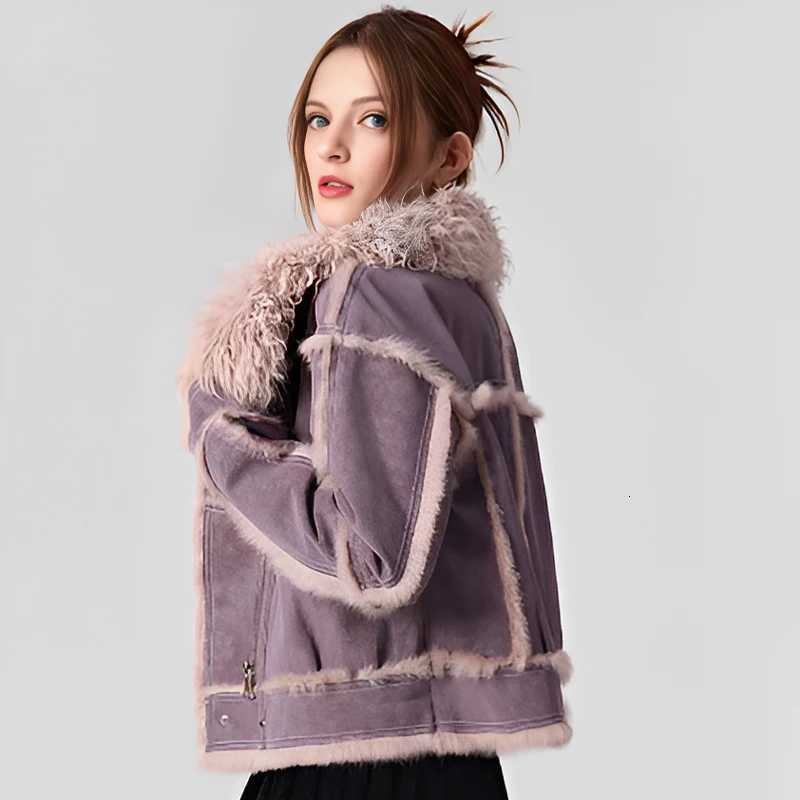 2024New Spring Women Retro Short Faux Leather Fur Coat Clothing Moto Biker Zipper Sheepskin Jacket Long Sleeved Turn Down CollarT251201