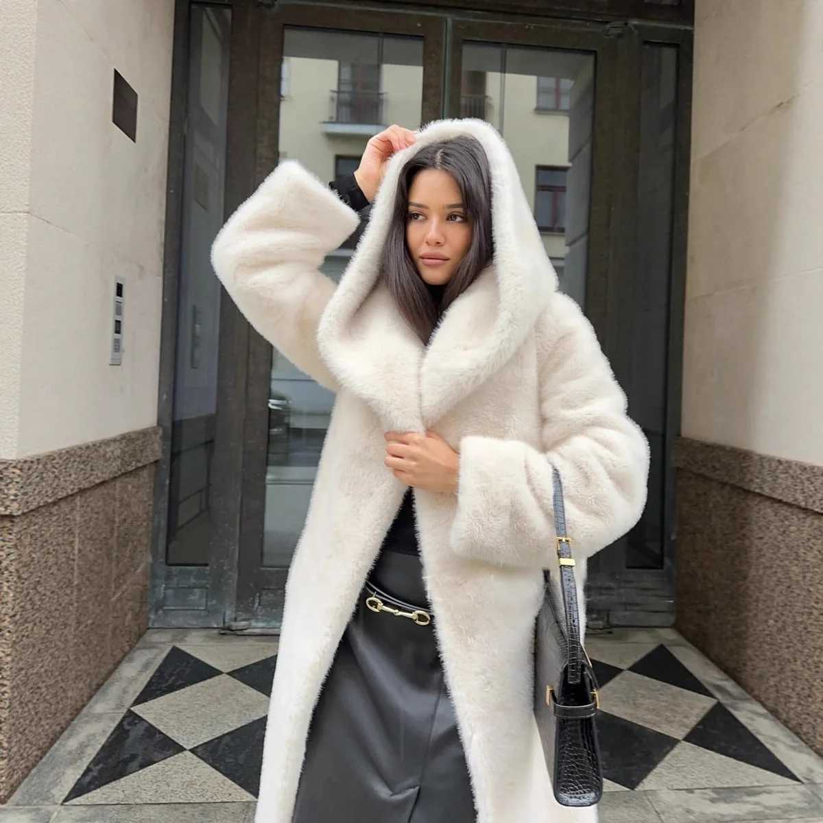 Belted Winter Women Artificial Fur Jacket Thick Cinched Waist Fur Trim Hooded Female Eco Fur Coat Long Warm Lady Faux Fur CoatT251201
