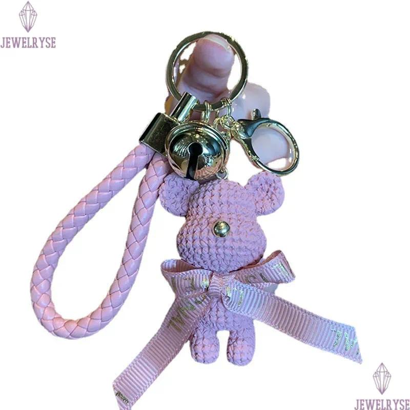 3D Animal Doll Key Chain Rings Bow Woolen Bear Bell Braided Woven Car Keychains Holder Gold Metal Handbag Backpack Pendant Keyrings Gifts Bag Charms A