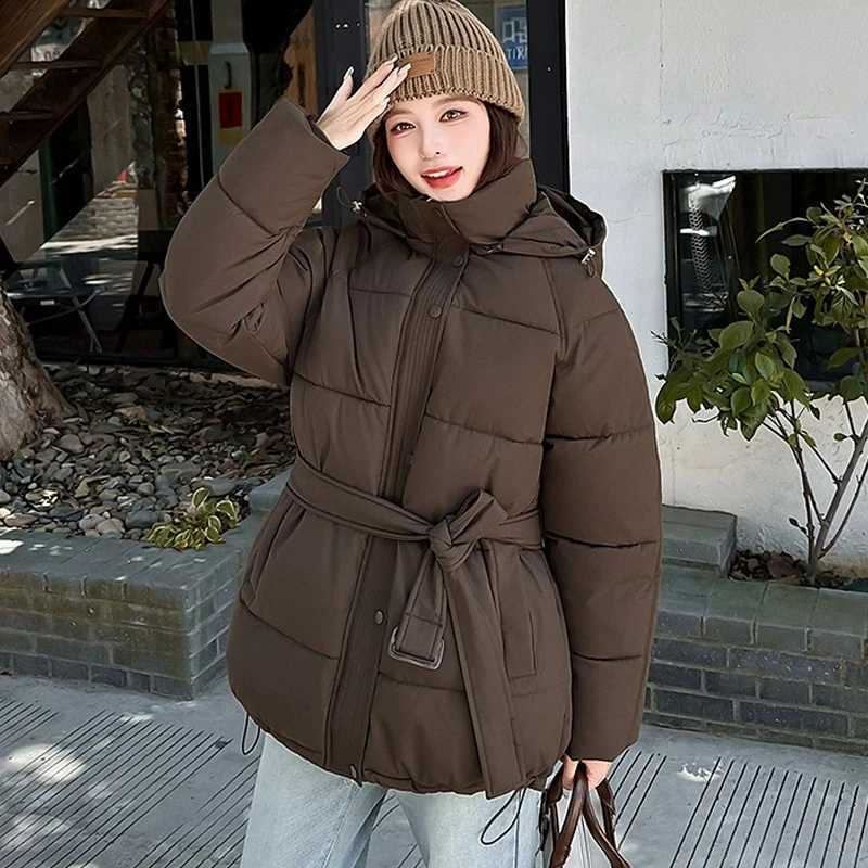ZAROY Women Winter Hooded Coats Casual Sashes Cotton Parkas Solid Warm All-match Pocket Belted Jacket Outerwears T251201