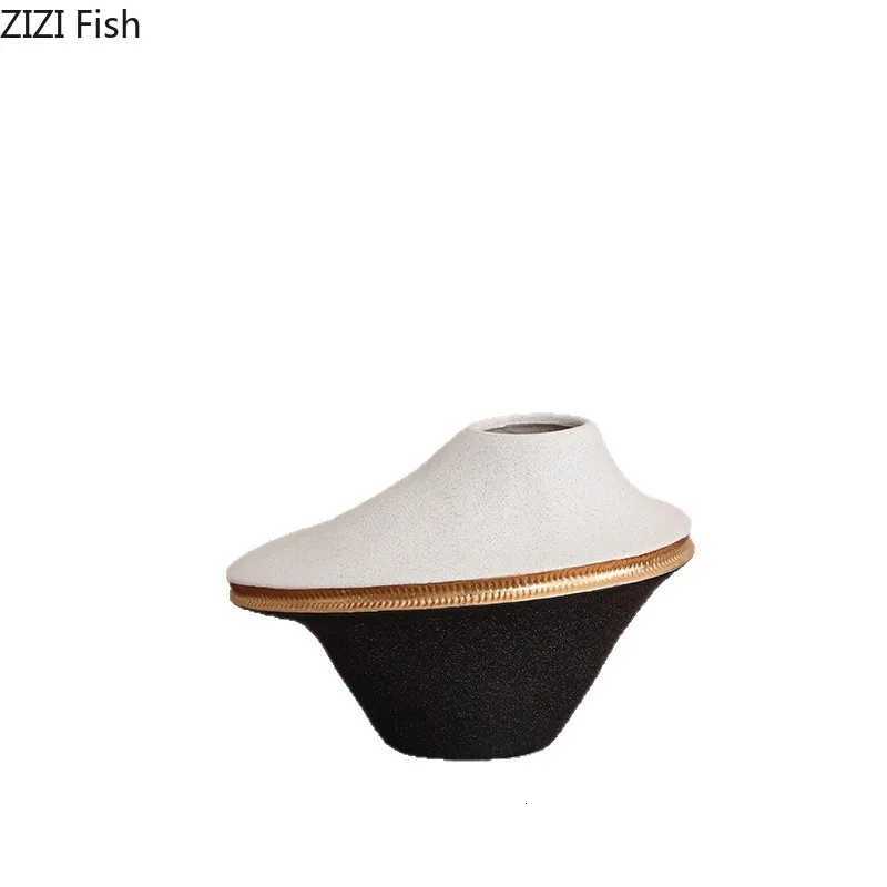 Black and White Color Blocking Ceramic Vase Gold-plated Plant Pot Table Decoration Flower Arrangement Vases Ro Aesthetic Decor Y251201