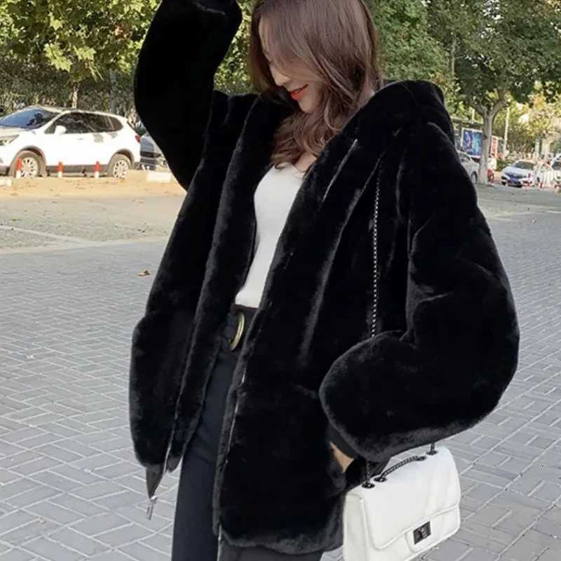 Korean Loose Thick Plush Coat For women Winter Imitation Fur rabbits Grass Coat Female Warm Zipper Jacket Hooded Parka OvercoatT251201