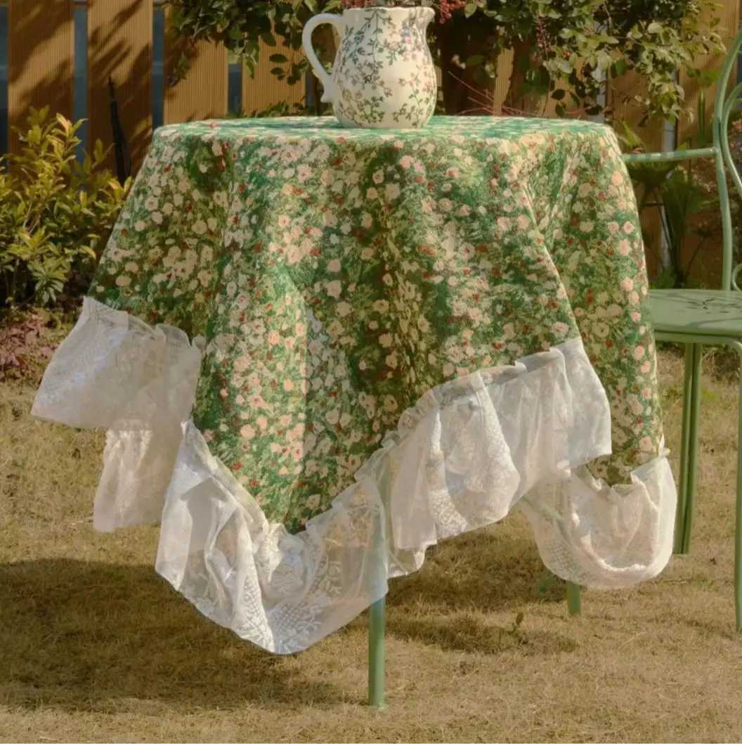 90x90cm Tablecloth Jacquard Green Flower Camping Outdoor Tablecloth Lace Edge Multi-purpose Cover Bedside Table Y251201