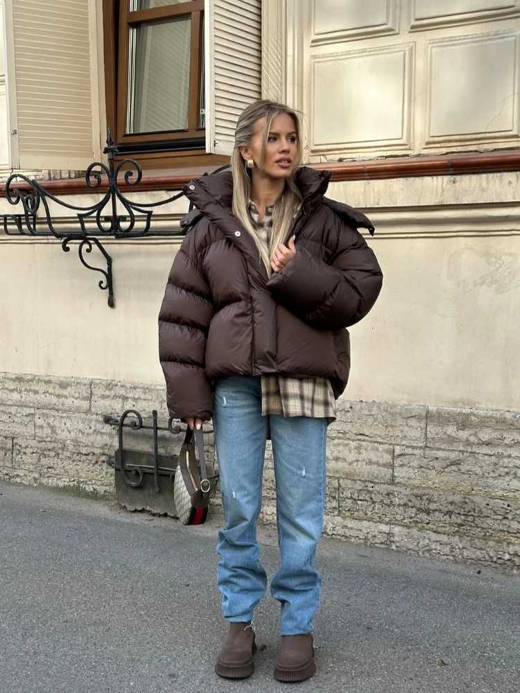 Women Brown Hooded Cotton Coat Fashion Lapel Full Sleeve Zipper Button Warm Loose Short Coats Lady Winter Casual Street OutwearT251201