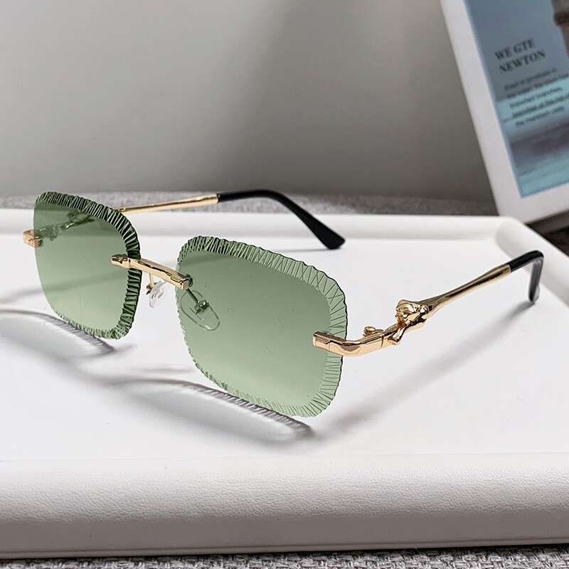 New Cross-Border Designer Serrated Rimless European and American Ins Fashion Leopard Head Metal Sunglasses