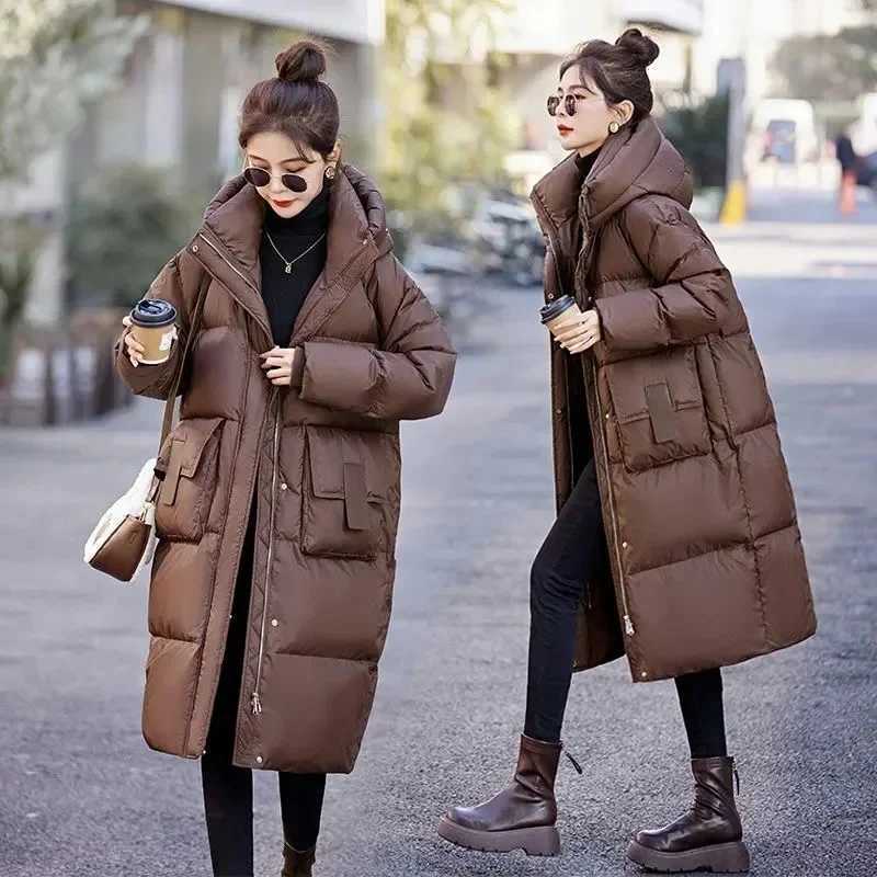 Mid to Long Down Jacket Knee Length 2024 Winter New Item Thickened Warm Fashionable Loose Versatile Jacket Womens Solid ColorT251201