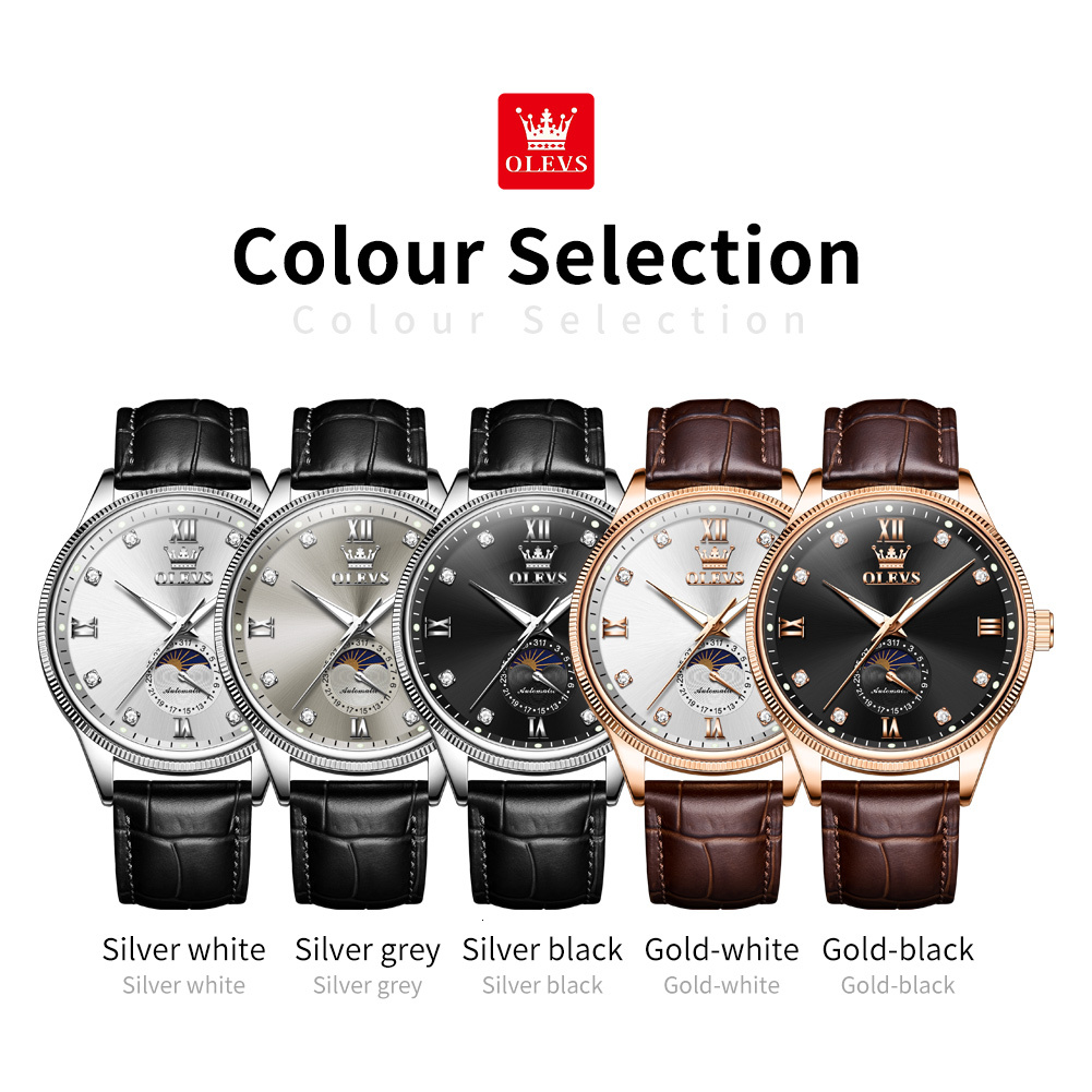 OLEVS Designer Luxury Men's Brand Business Diamond Watch Fully Automatic Mechanical Sun Moon Star Night Light Waterproof Watch Classic Versatile 