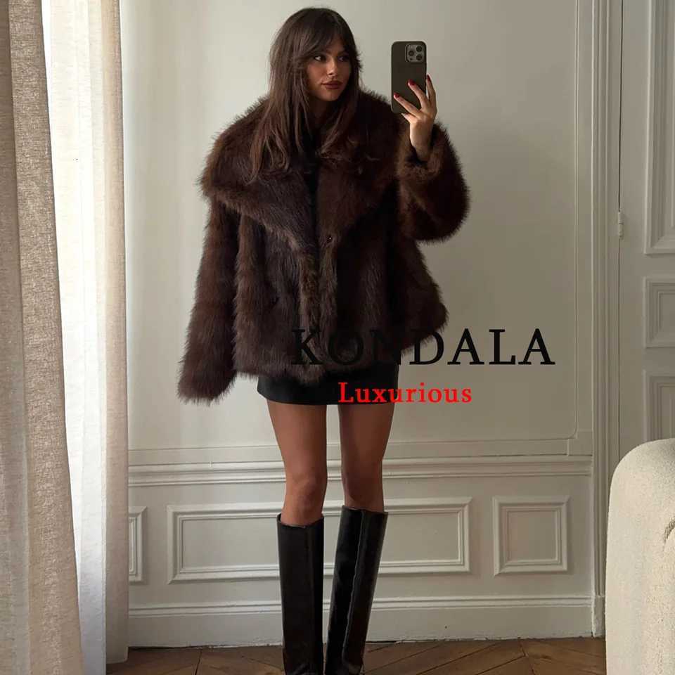 KONDALA Casual Brown Thick Fur Jackets Women Long Sleeve V Neck Autumn Winter Faux Fur Coats Fashion 2025 Streetwear OutwearsT251201
