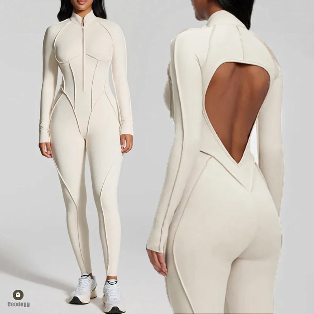 Pad Zipper Yoga Set Sports Fitness Hollow Back Skinny Women One-Piece Jumpsuits Workout Legging Clothing Gym Bodysuit XP83 251201